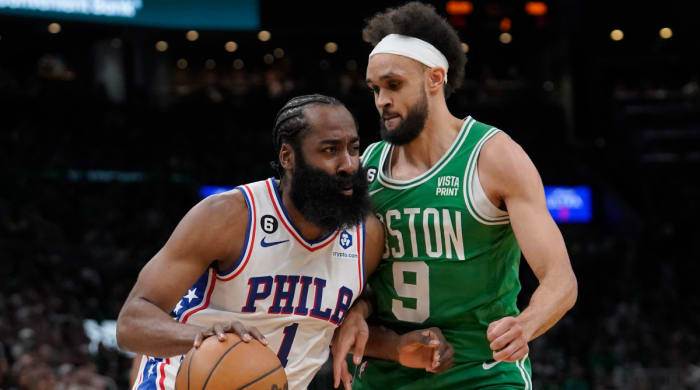 76ers guard James Harden drives toward the basket past Celtics guard Derrick White during Game 7